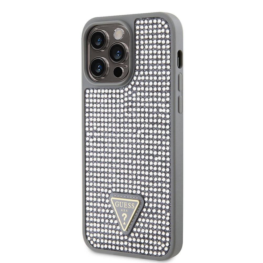 Apple iPhone 15 Pro Max Case Guess Original Licensed Stone Back Surface Triangle Logo Cover Silver