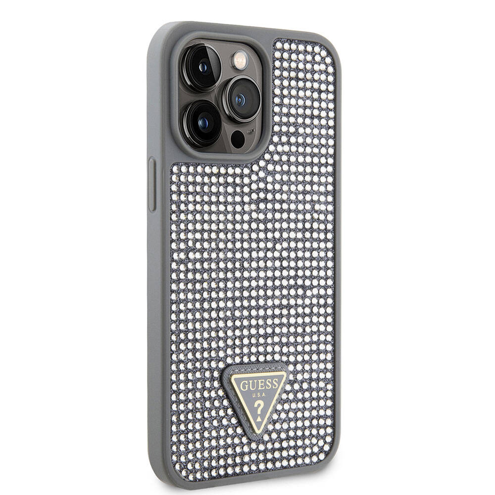 Apple iPhone 15 Pro Max Case Guess Original Licensed Stone Back Surface Triangle Logo Cover Silver