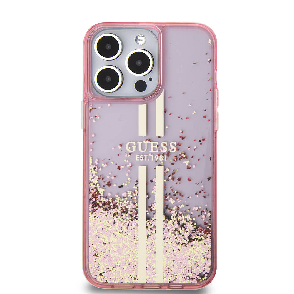 Apple iPhone 15 Pro Max Case Guess Original Licensed Transparent Liquid Glitter Gold Striped Cover Pink