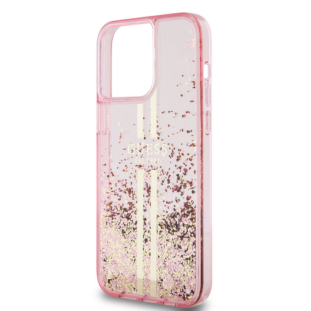 Apple iPhone 15 Pro Max Case Guess Original Licensed Transparent Liquid Glitter Gold Striped Cover Pink