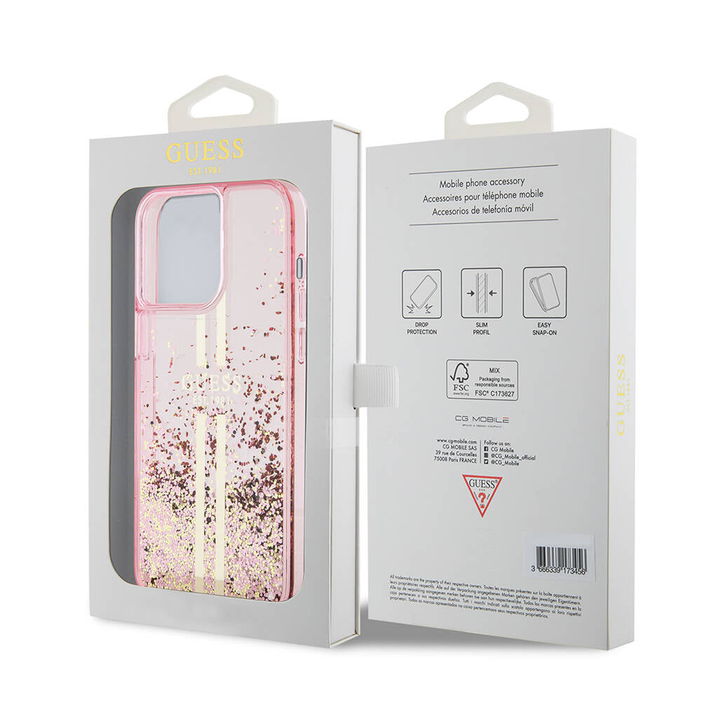 Apple iPhone 15 Pro Max Case Guess Original Licensed Transparent Liquid Glitter Gold Striped Cover Pink