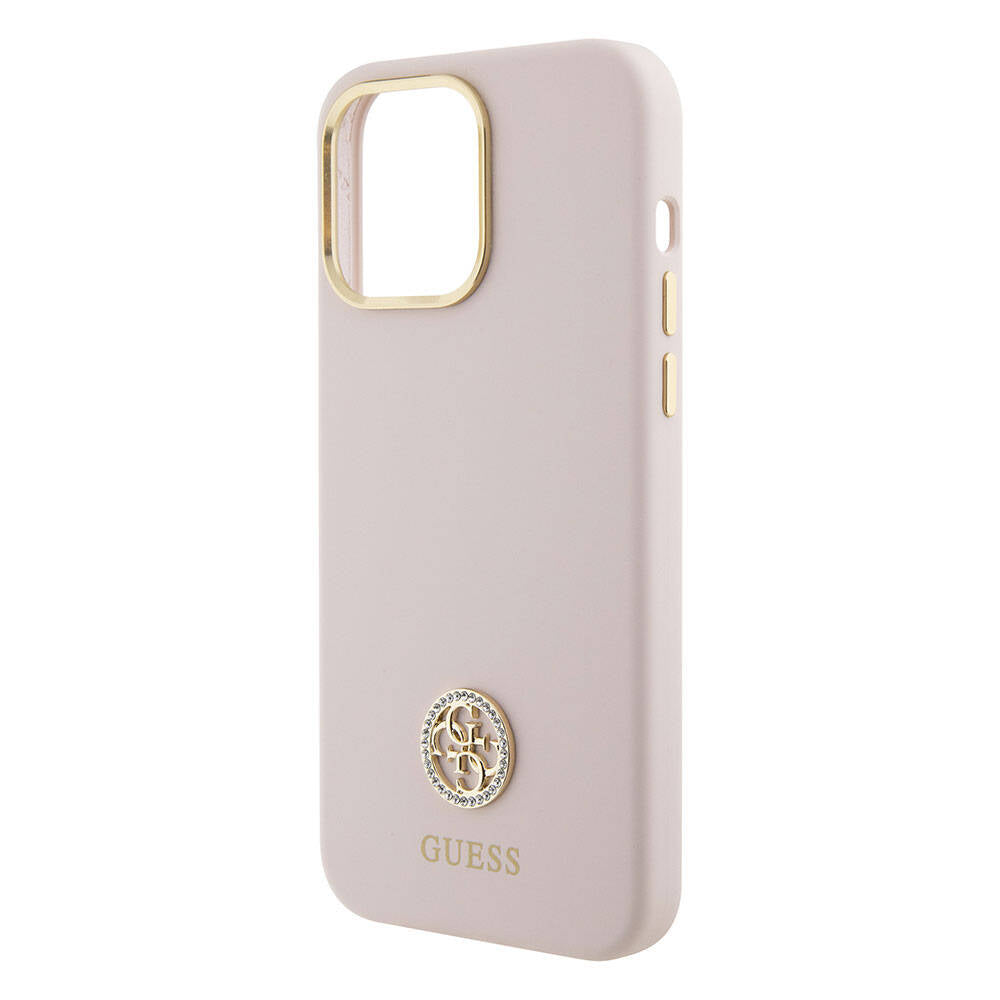 Apple iPhone 15 Pro Max Case Guess Original Licensed Writing and Stone 4G Logo Metal Camera Frame Silicone Cover Pink
