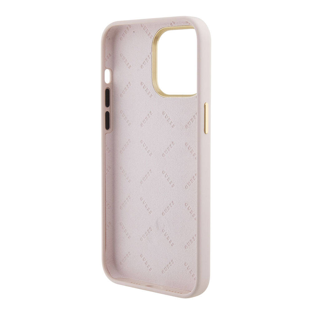 Apple iPhone 15 Pro Max Case Guess Original Licensed Writing and Stone 4G Logo Metal Camera Frame Silicone Cover Pink