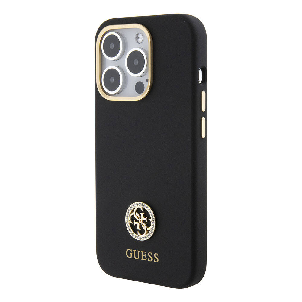 Apple iPhone 15 Pro Max Case Guess Original Licensed Writing and Stone 4G Logo Metal Camera Frame Silicone Cover Pink