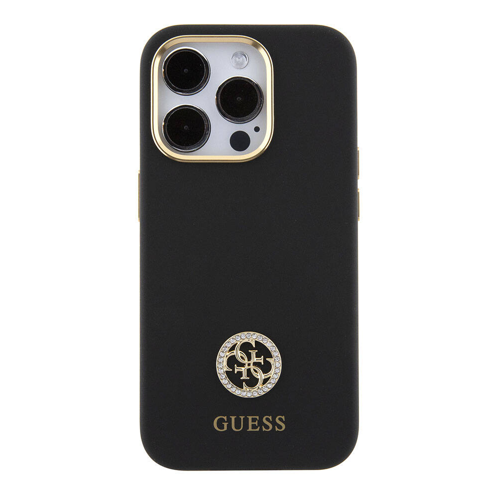 Apple iPhone 15 Pro Max Case Guess Original Licensed Writing and Stone 4G Logo Metal Camera Frame Silicone Cover Pink