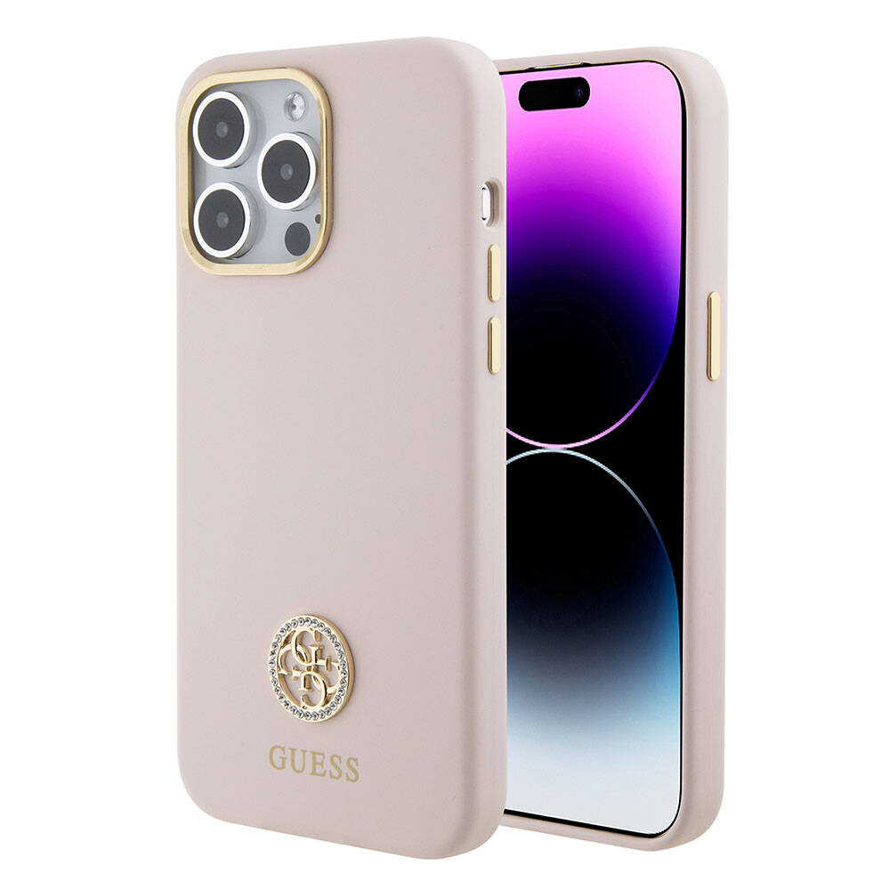 Apple iPhone 15 Pro Max Case Guess Original Licensed Writing and Stone 4G Logo Metal Camera Frame Silicone Cover Pink