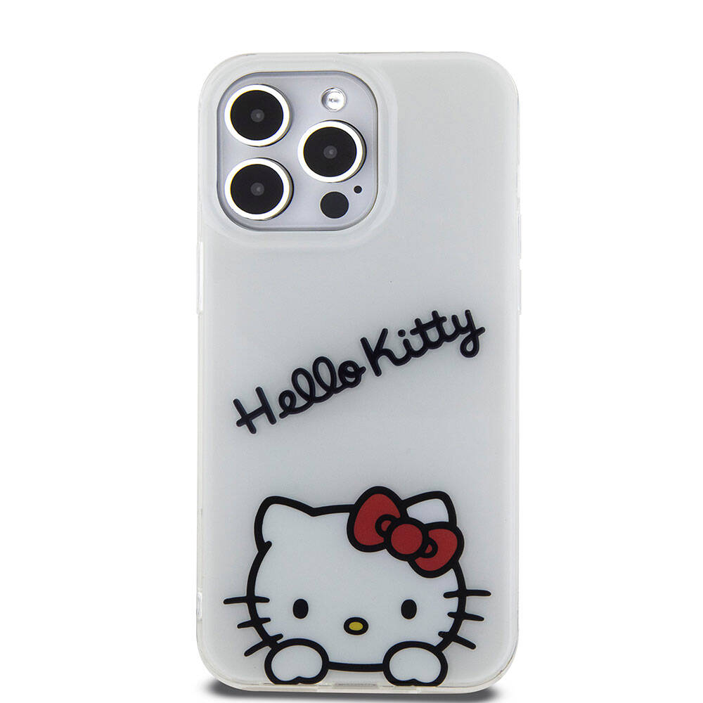 Apple iPhone 15 Pro Max Case Hello Kitty Original Licensed Strap Text and Iconic Logo Daydreaming Cover White