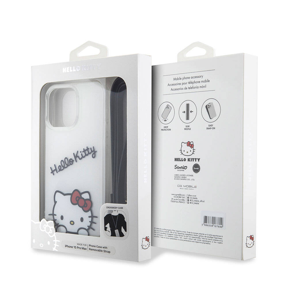 Apple iPhone 15 Pro Max Case Hello Kitty Original Licensed Strap Text and Iconic Logo Daydreaming Cover White