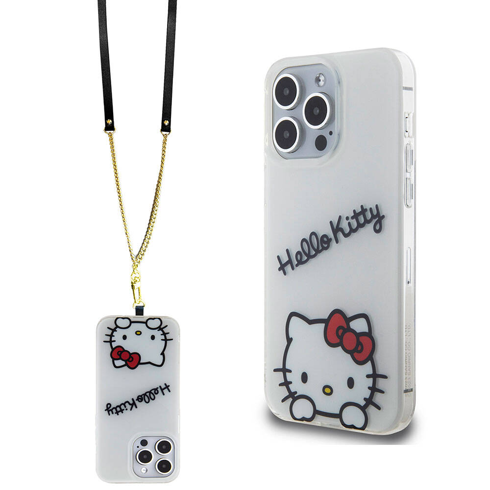 Apple iPhone 15 Pro Max Case Hello Kitty Original Licensed Strap Text and Iconic Logo Daydreaming Cover White