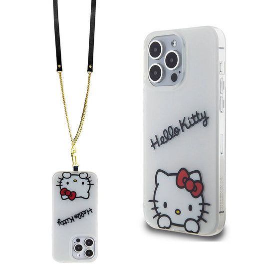 Apple iPhone 15 Pro Max Kılıf Hello Kitty Orjinal Lisanslı Askılı Yazı ve İkonik Logolu Daydreaming Kapak Beyaz