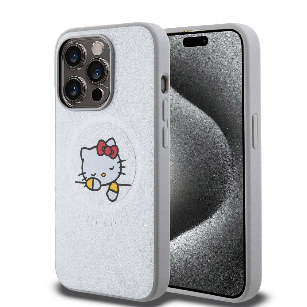 Apple iPhone 15 Pro Max Case Hello Kitty Original Licensed M-safe Charging Feature Printed Logo Sleeping Kitty Leather Cover Pink