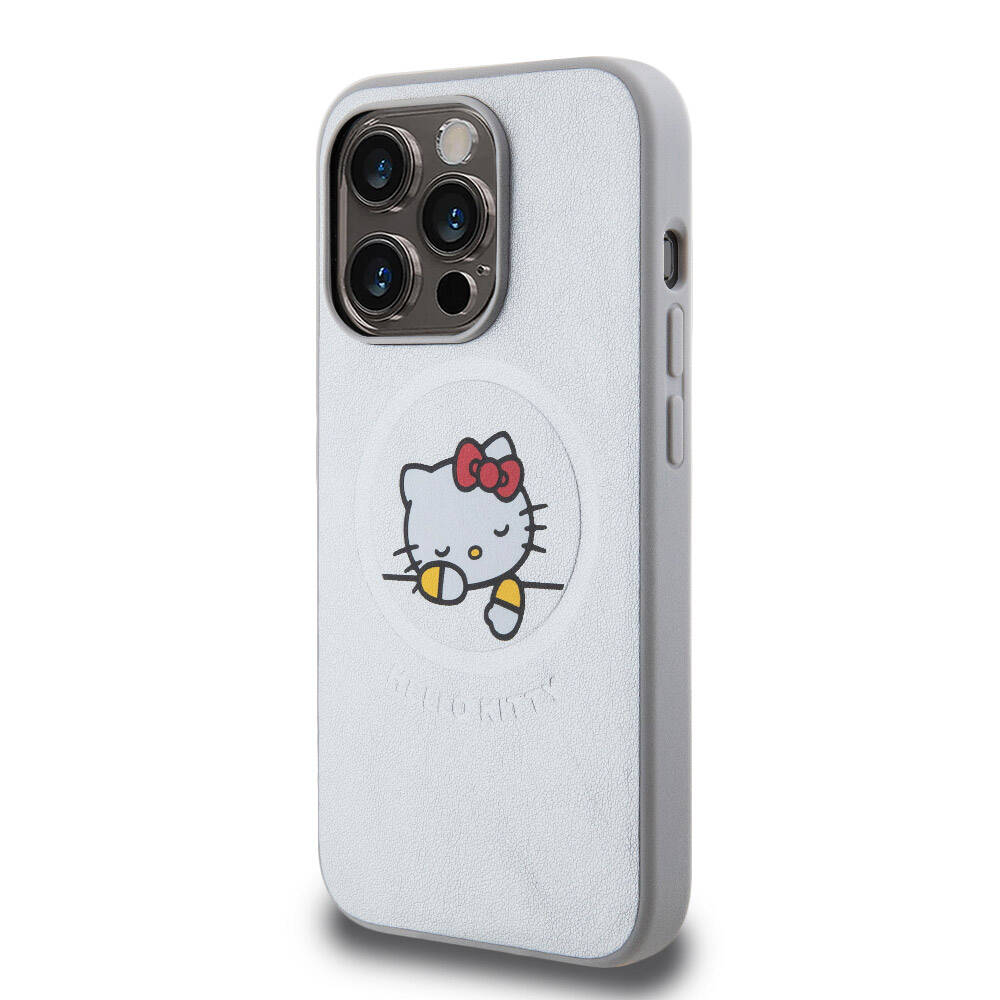 Apple iPhone 15 Pro Max Case Hello Kitty Original Licensed M-safe Charging Feature Printed Logo Sleeping Kitty Leather Cover Silver