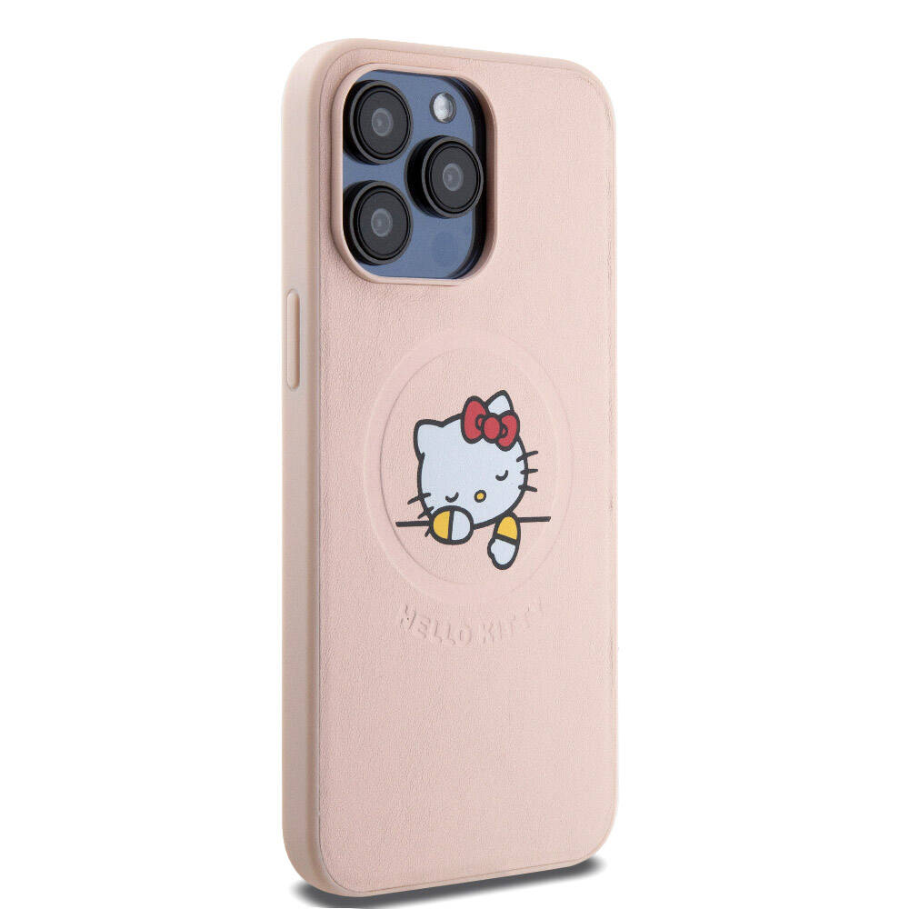 Apple iPhone 15 Pro Max Case Hello Kitty Original Licensed M-safe Charging Feature Printed Logo Sleeping Kitty Leather Cover Silver