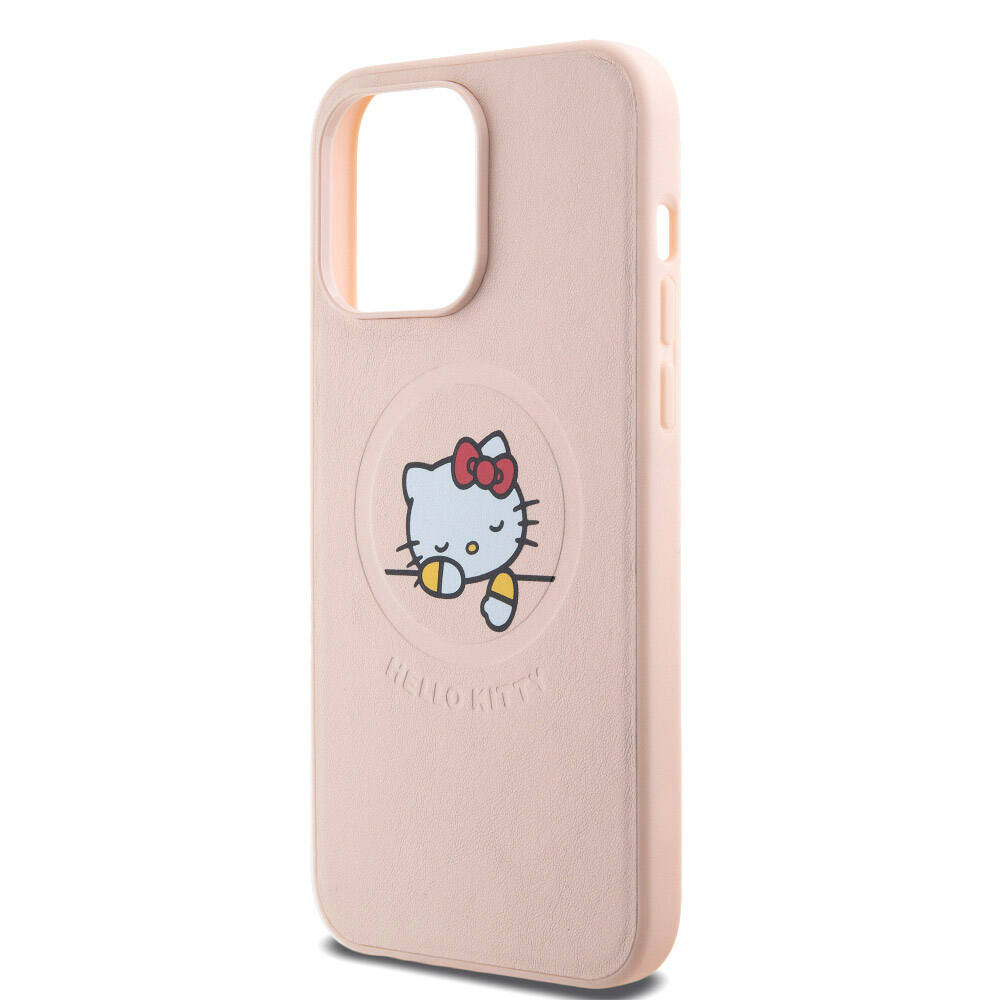 Apple iPhone 15 Pro Max Case Hello Kitty Original Licensed M-safe Charging Feature Printed Logo Sleeping Kitty Leather Cover Silver