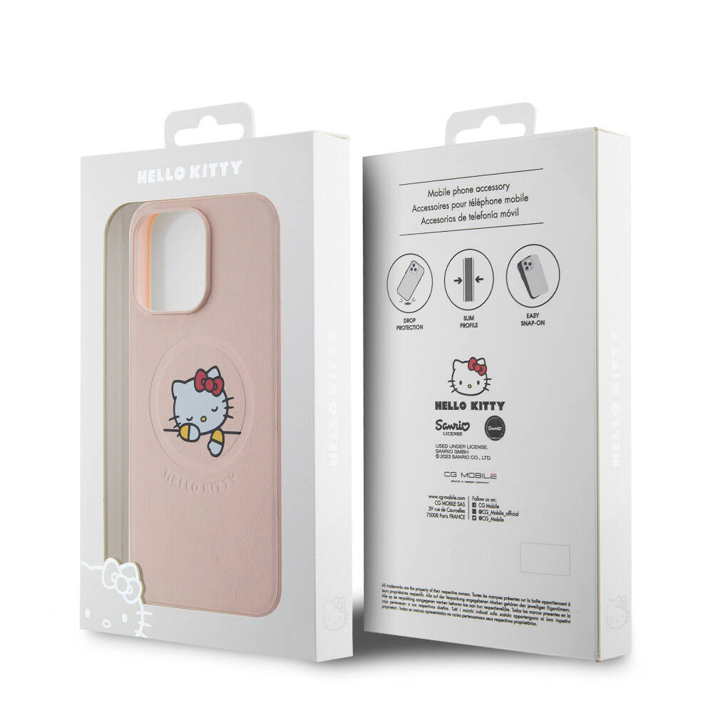Apple iPhone 15 Pro Max Case Hello Kitty Original Licensed M-safe Charging Feature Printed Logo Sleeping Kitty Leather Cover Silver