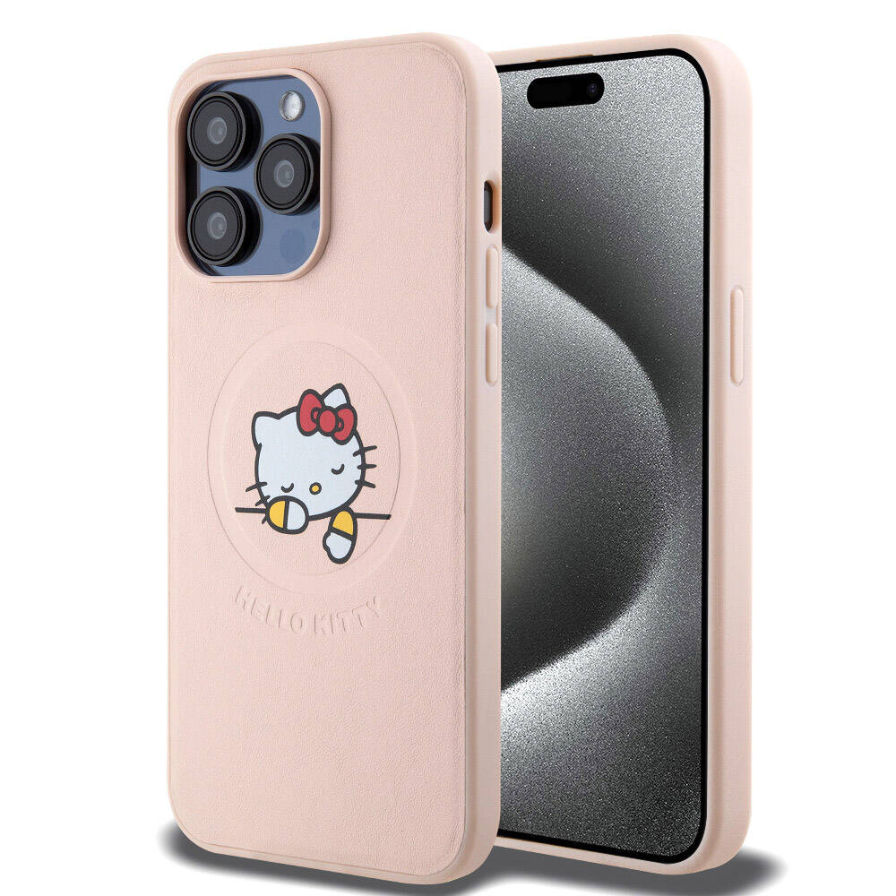 Apple iPhone 15 Pro Max Case Hello Kitty Original Licensed M-safe Charging Feature Printed Logo Sleeping Kitty Leather Cover Pink