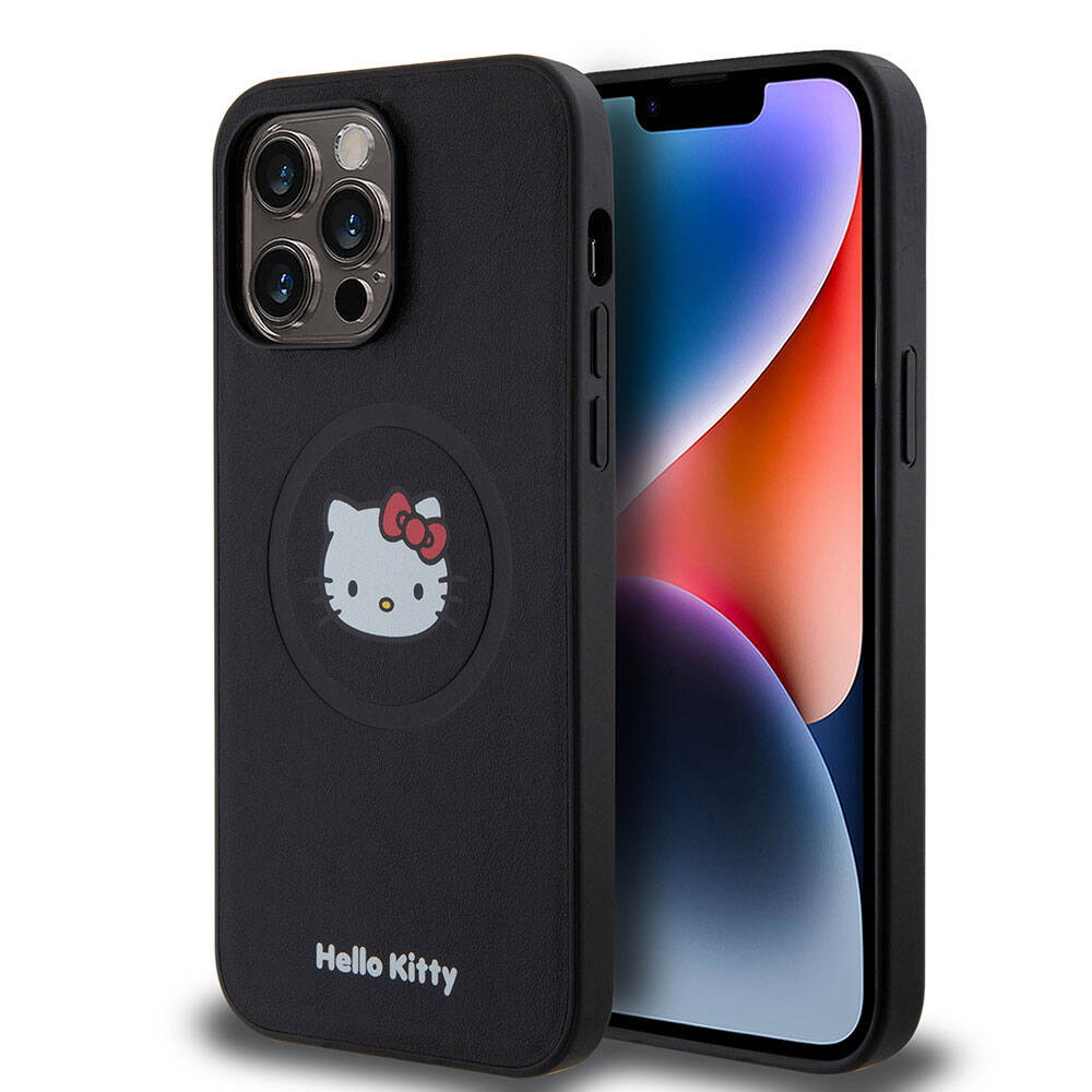 Apple iPhone 15 Pro Max Case Hello Kitty Original Licensed M-safe Charging Feature Kitty Head Leather Cover Black