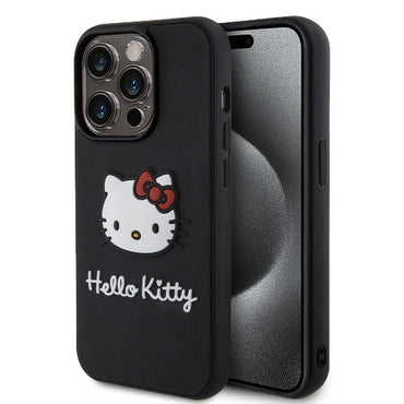Apple iPhone 15 Pro Max Kılıf Hello Kitty Orjinal Lisanslı Yazı ve İkonik Logolu 3D Rubber Kitty Head Kapak Kırmızı