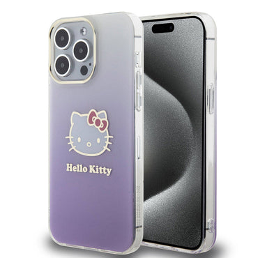 Apple iPhone 15 Pro Max Kılıf Hello Kitty Orjinal Lisanslı Yazı ve İkonik Logolu Elektroplating Kaplama Gradyan Kapak Pembe