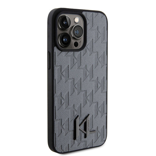 Apple iPhone 15 Pro Max Case Karl Lagerfeld Hot Stamp K&L Metal Logo Original Licensed Cover Gray