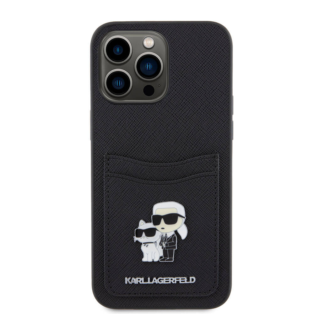 Apple iPhone 15 Pro Max Kılıf Karl Lagerfeld Kartlıklı Metal Logo Orjinal Lisanslı Kapak Siyah