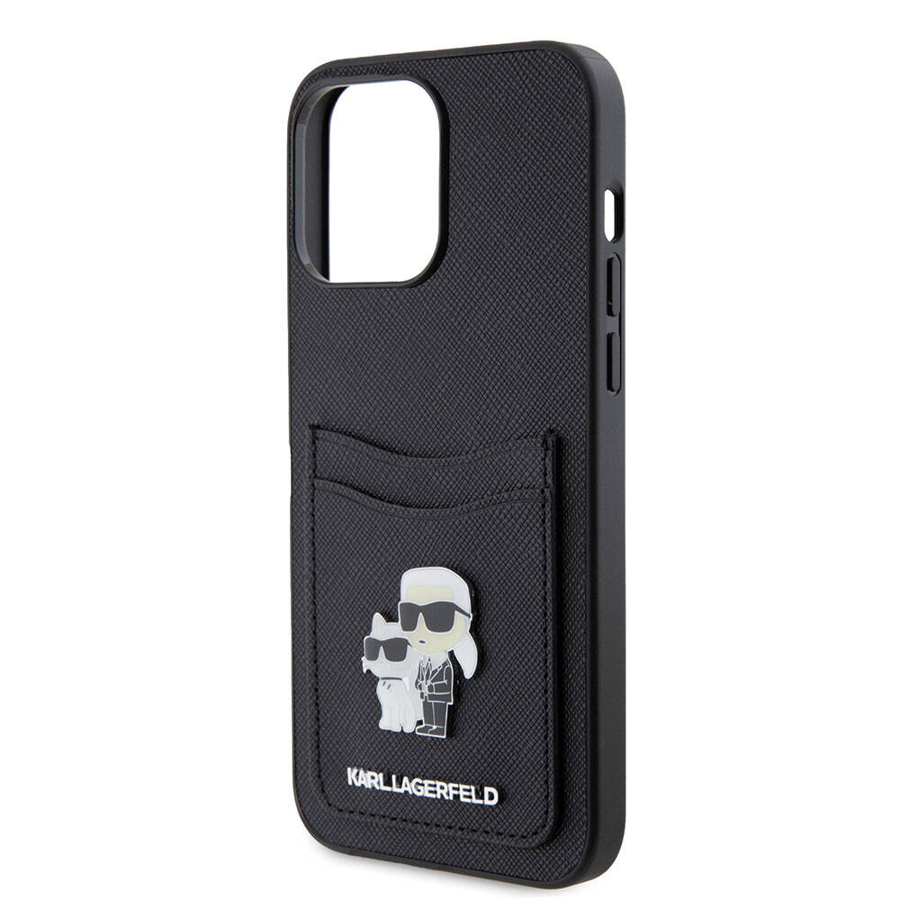 Apple iPhone 15 Pro Max Kılıf Karl Lagerfeld Kartlıklı Metal Logo Orjinal Lisanslı Kapak Siyah