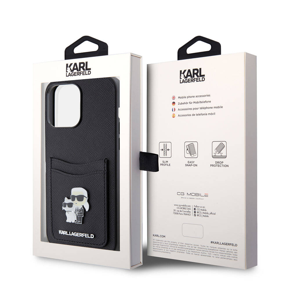 Apple iPhone 15 Pro Max Kılıf Karl Lagerfeld Kartlıklı Metal Logo Orjinal Lisanslı Kapak Siyah
