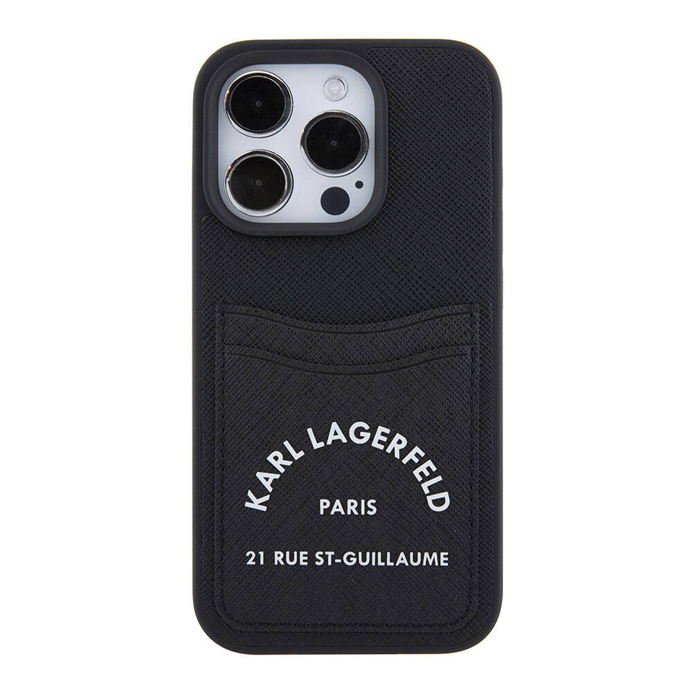 Apple iPhone 15 Pro Max Kılıf Karl Lagerfeld Kartlıklı Saffiano 3D RSG Logo Orjinal Lisanslı Kapak Siyah