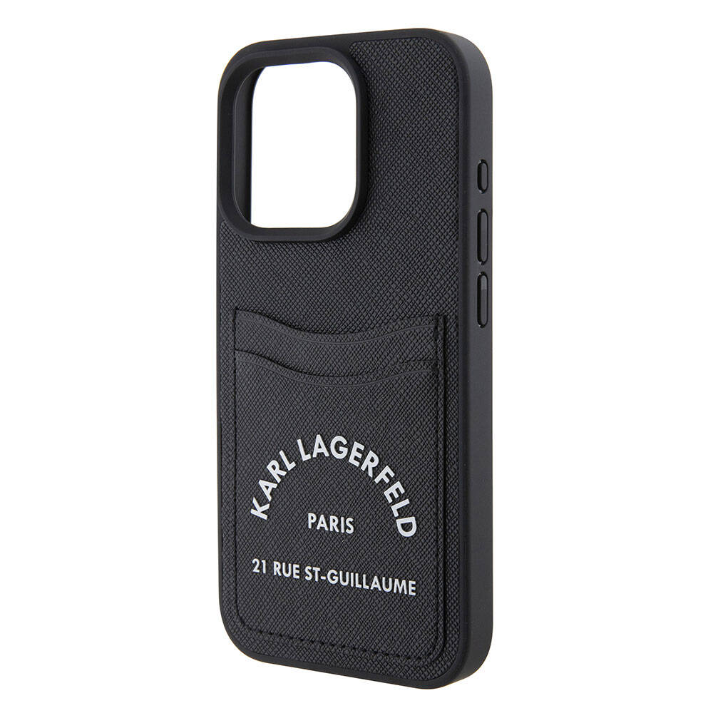 Apple iPhone 15 Pro Max Kılıf Karl Lagerfeld Kartlıklı Saffiano 3D RSG Logo Orjinal Lisanslı Kapak Siyah