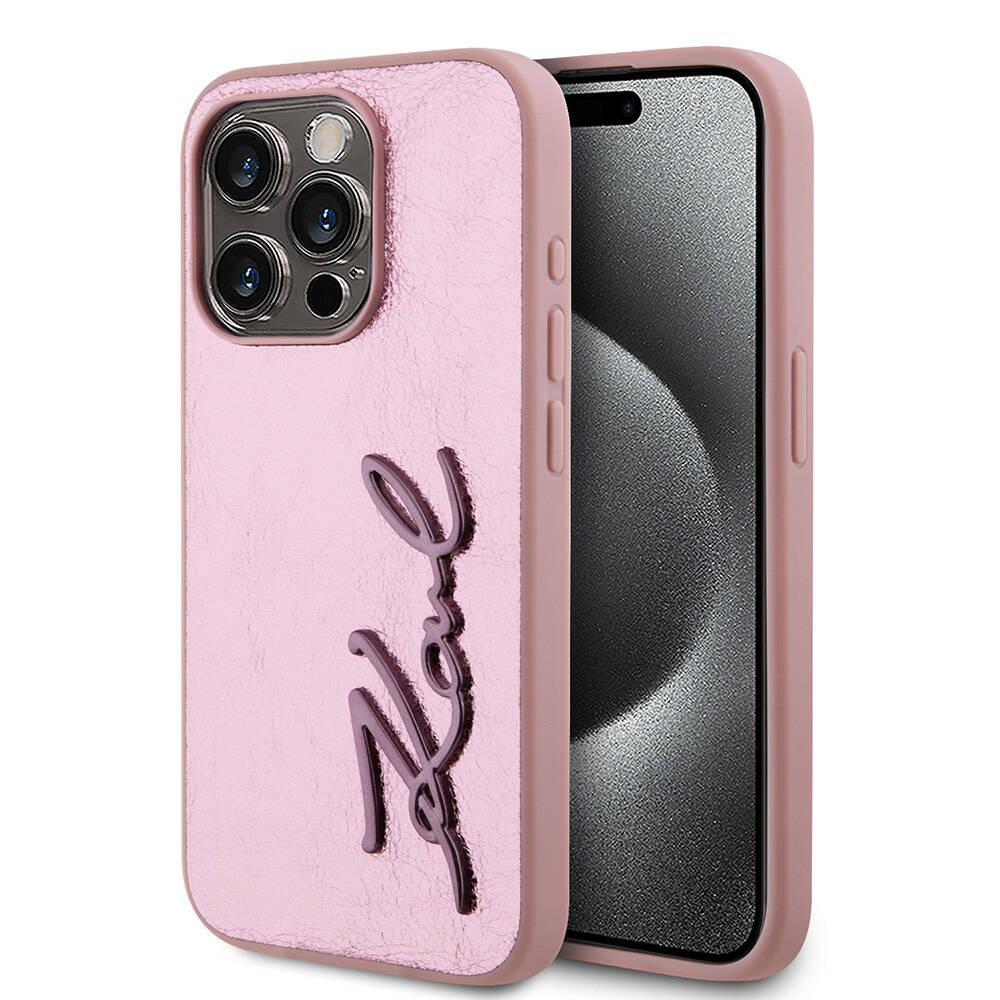 Apple iPhone 15 Pro Max Case Karl Lagerfeld Original Licensed 3D KL Printed Feathered Back Surface Saffiano Rhinestones Cover Pink