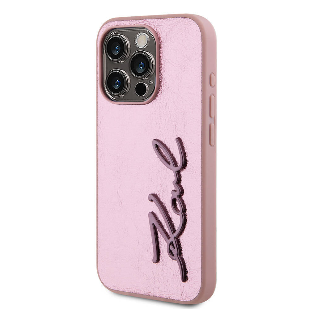 Apple iPhone 15 Pro Max Case Karl Lagerfeld Original Licensed 3D KL Printed Feathered Back Surface Saffiano Rhinestones Cover Gold
