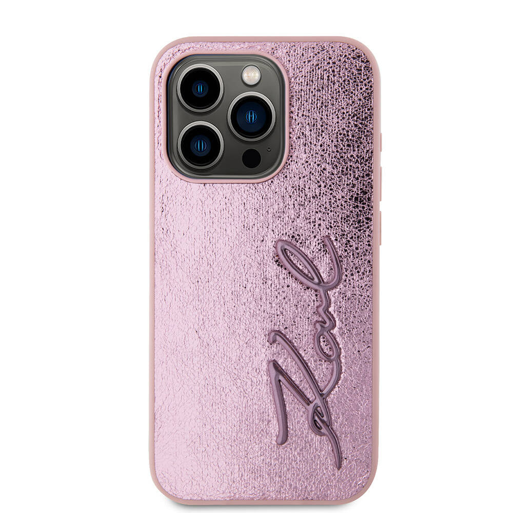 Apple iPhone 15 Pro Max Case Karl Lagerfeld Original Licensed 3D KL Printed Feathered Back Surface Saffiano Rhinestones Cover Gold