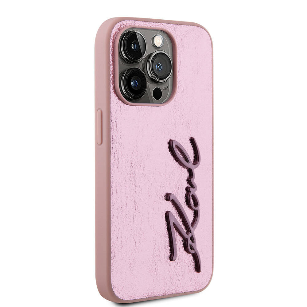 Apple iPhone 15 Pro Max Case Karl Lagerfeld Original Licensed 3D KL Printed Feathered Back Surface Saffiano Rhinestones Cover Gold