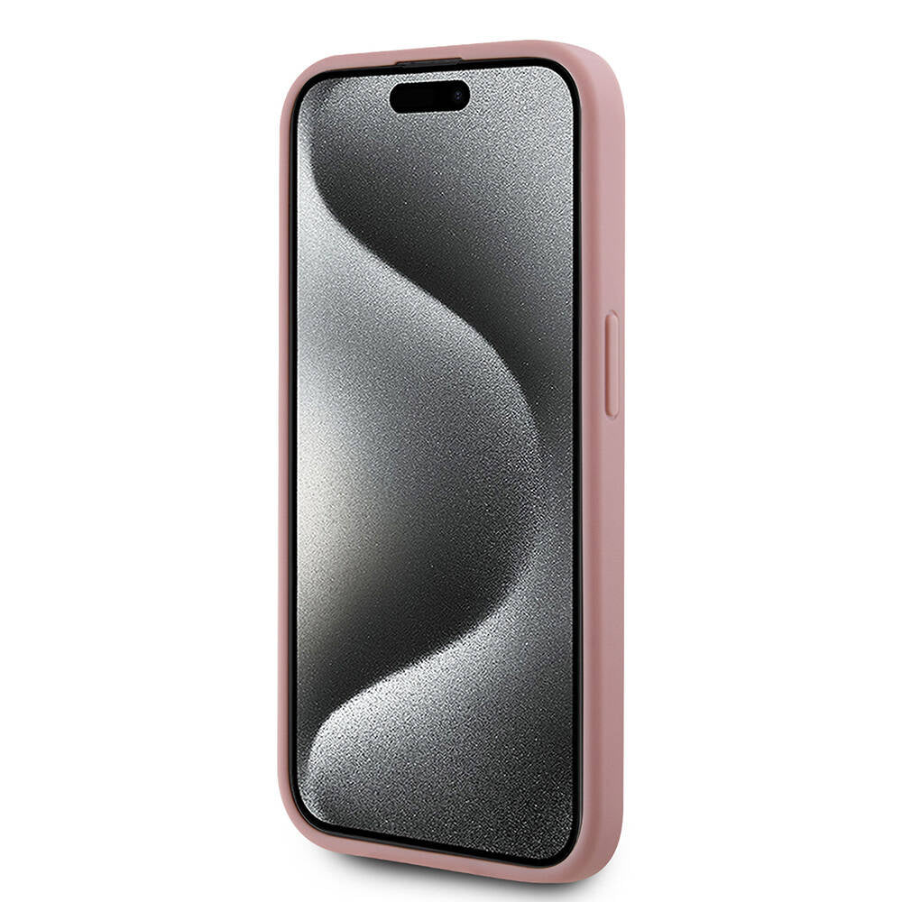 Apple iPhone 15 Pro Max Case Karl Lagerfeld Original Licensed 3D KL Printed Feathered Back Surface Saffiano Rhinestones Cover Pink