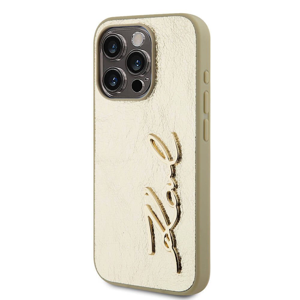 Apple iPhone 15 Pro Max Case Karl Lagerfeld Original Licensed 3D KL Printed Feathered Back Surface Saffiano Rhinestones Cover Gold