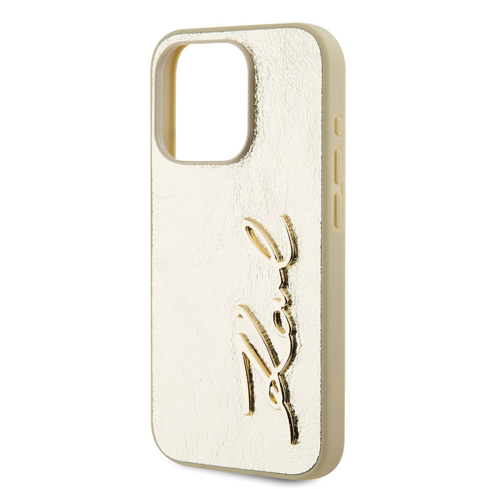 Apple iPhone 15 Pro Max Case Karl Lagerfeld Original Licensed 3D KL Printed Feathered Back Surface Saffiano Rhinestones Cover Gold