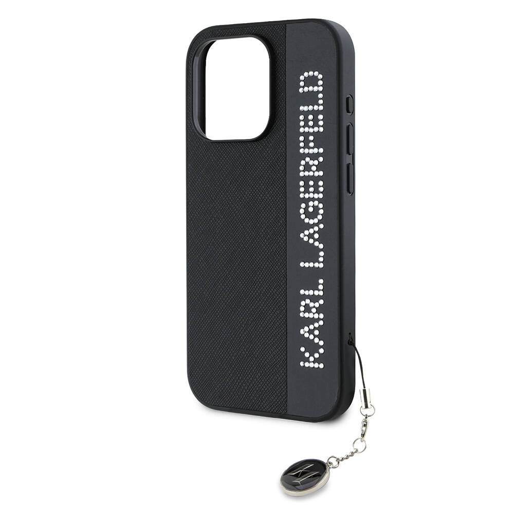 Apple iPhone 15 Pro Max Case Karl Lagerfeld Original Licensed Keychain Stoned KL Written Saffiano Rhinestones Cover Pink