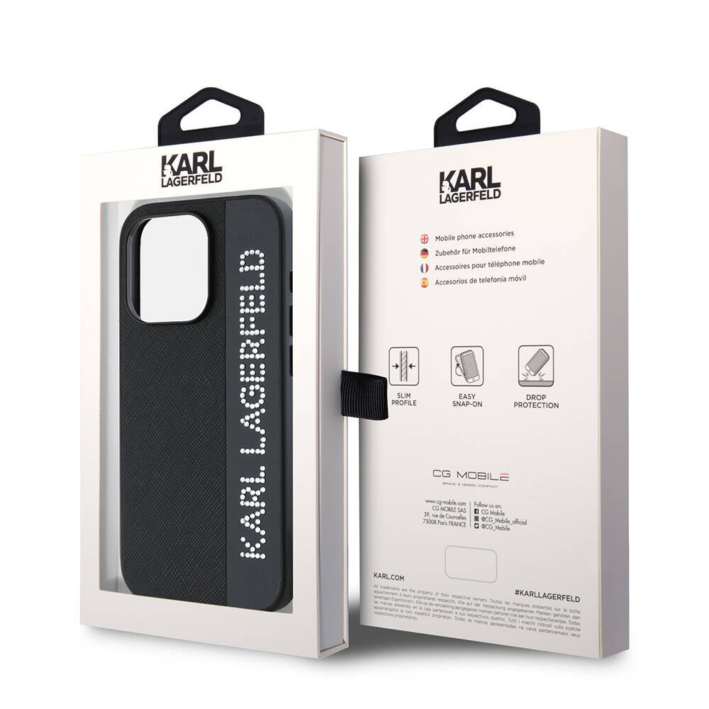 Apple iPhone 15 Pro Max Case Karl Lagerfeld Original Licensed Keychain Stoned KL Written Saffiano Rhinestones Cover Pink