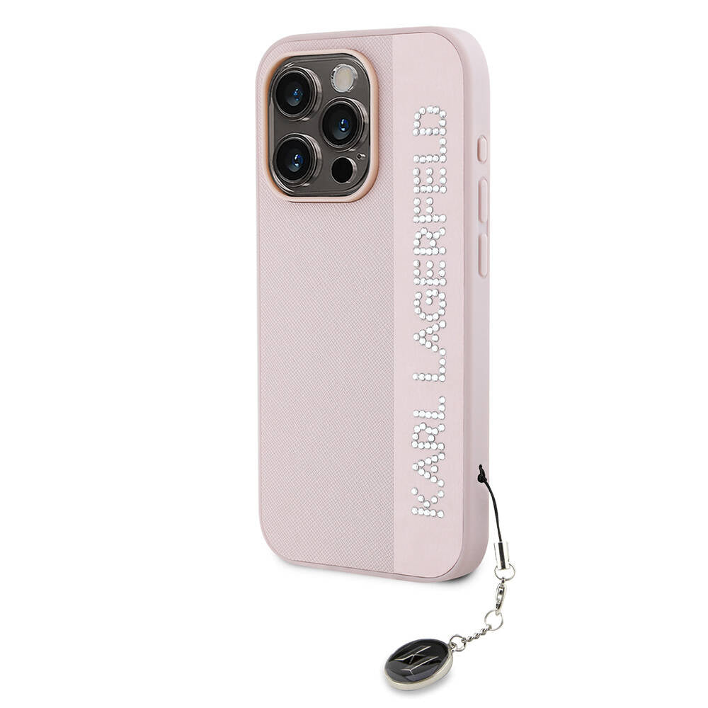 Apple iPhone 15 Pro Max Case Karl Lagerfeld Original Licensed Keychain Stoned KL Written Saffiano Rhinestones Cover Pink