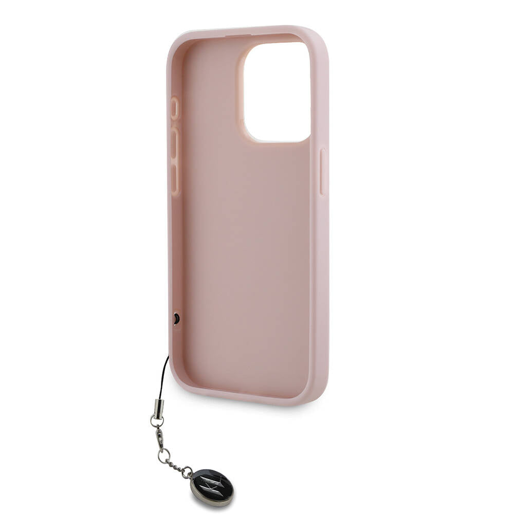 Apple iPhone 15 Pro Max Case Karl Lagerfeld Original Licensed Keychain Stoned KL Written Saffiano Rhinestones Cover Pink
