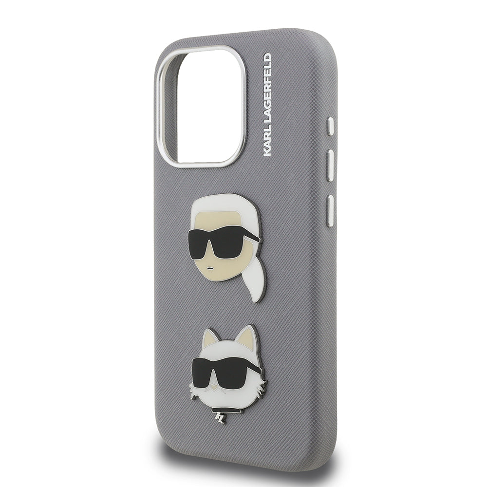 Apple iPhone 15 Pro Max Kılıf Karl Lagerfeld Orjinal Lisanslı K&C Heads Pin Kapak Gri
