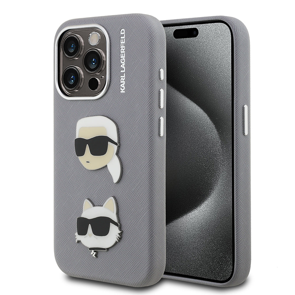 Apple iPhone 15 Pro Max Case Karl Lagerfeld Original Licensed K&C Heads Pin Cover Gray