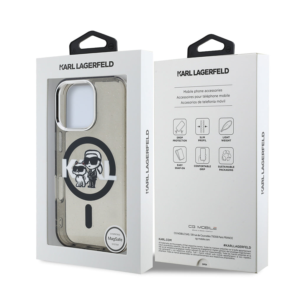 Apple iPhone 15 Pro Max Case Karl Lagerfeld Original Licensed Shining Glitter Karl & Choupette Sketch Logo Cover Black