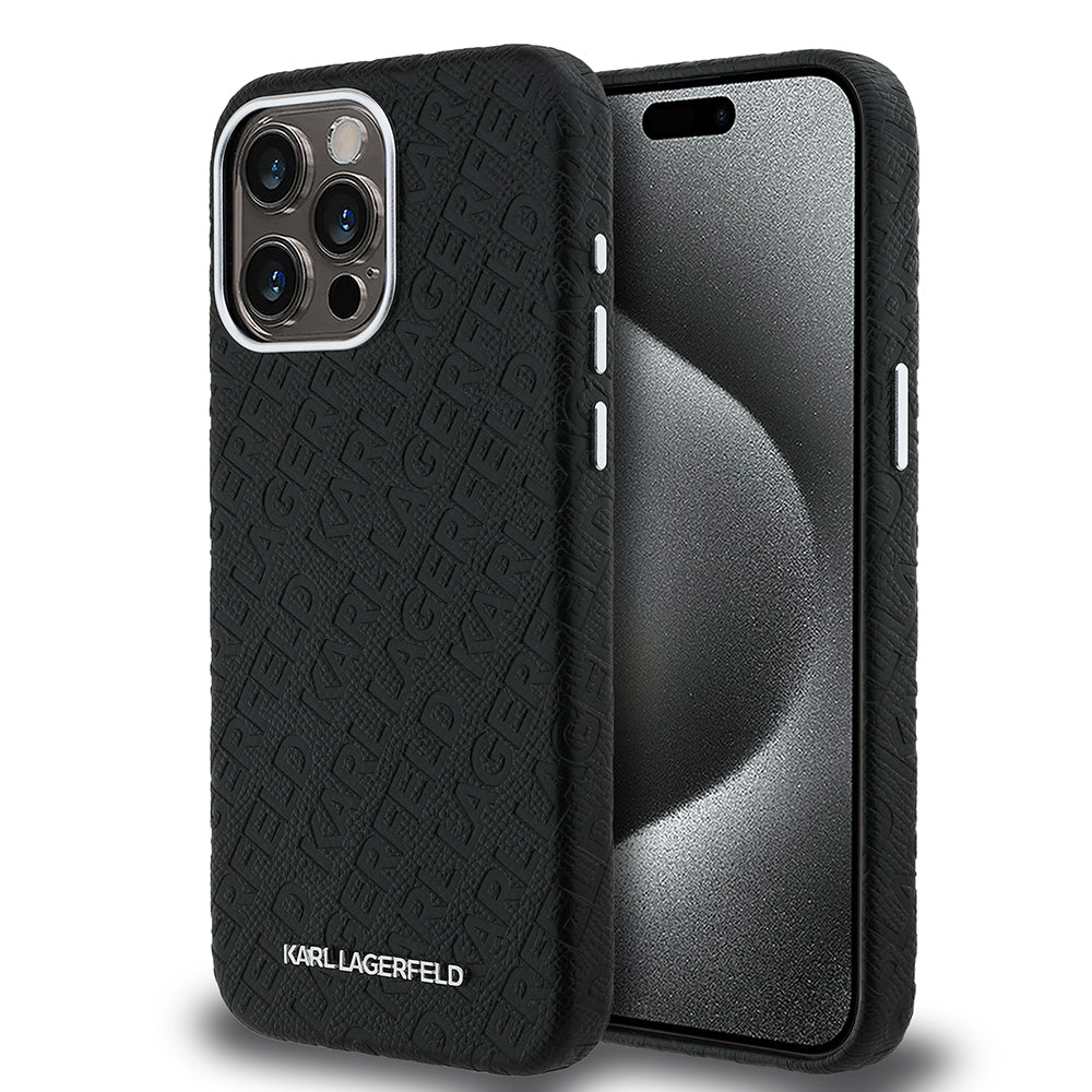 Apple iPhone 15 Pro Max Case Karl Lagerfeld Original Licensed PU Leather Stamped Metal Lettering Logo Cover Black