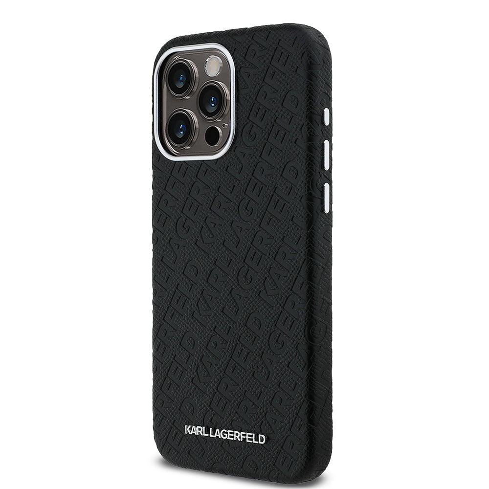 Apple iPhone 15 Pro Max Case Karl Lagerfeld Original Licensed PU Leather Stamped Metal Lettering Logo Cover Black