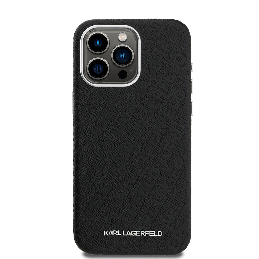 Apple iPhone 15 Pro Max Case Karl Lagerfeld Original Licensed PU Leather Stamped Metal Lettering Logo Cover Black