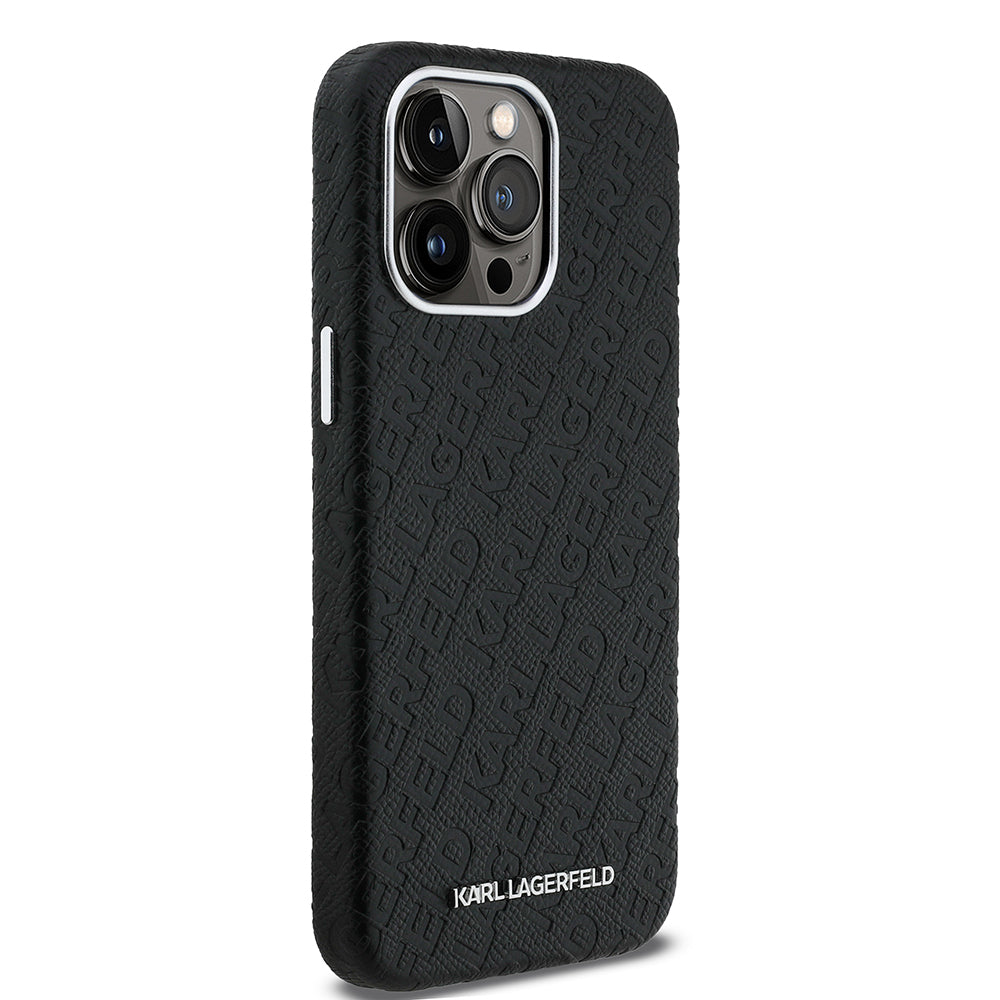 Apple iPhone 15 Pro Max Case Karl Lagerfeld Original Licensed PU Leather Stamped Metal Lettering Logo Cover Black