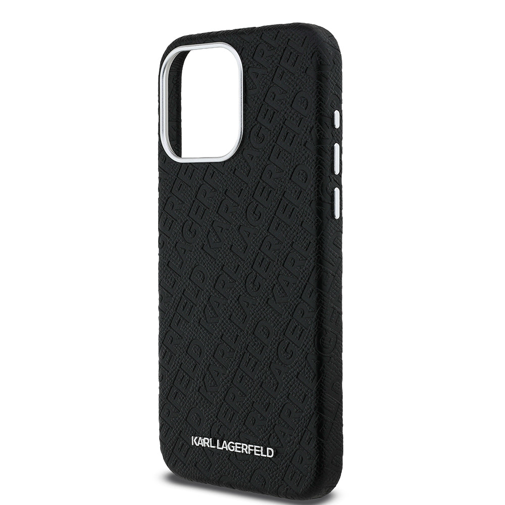 Apple iPhone 15 Pro Max Case Karl Lagerfeld Original Licensed PU Leather Stamped Metal Lettering Logo Cover Black