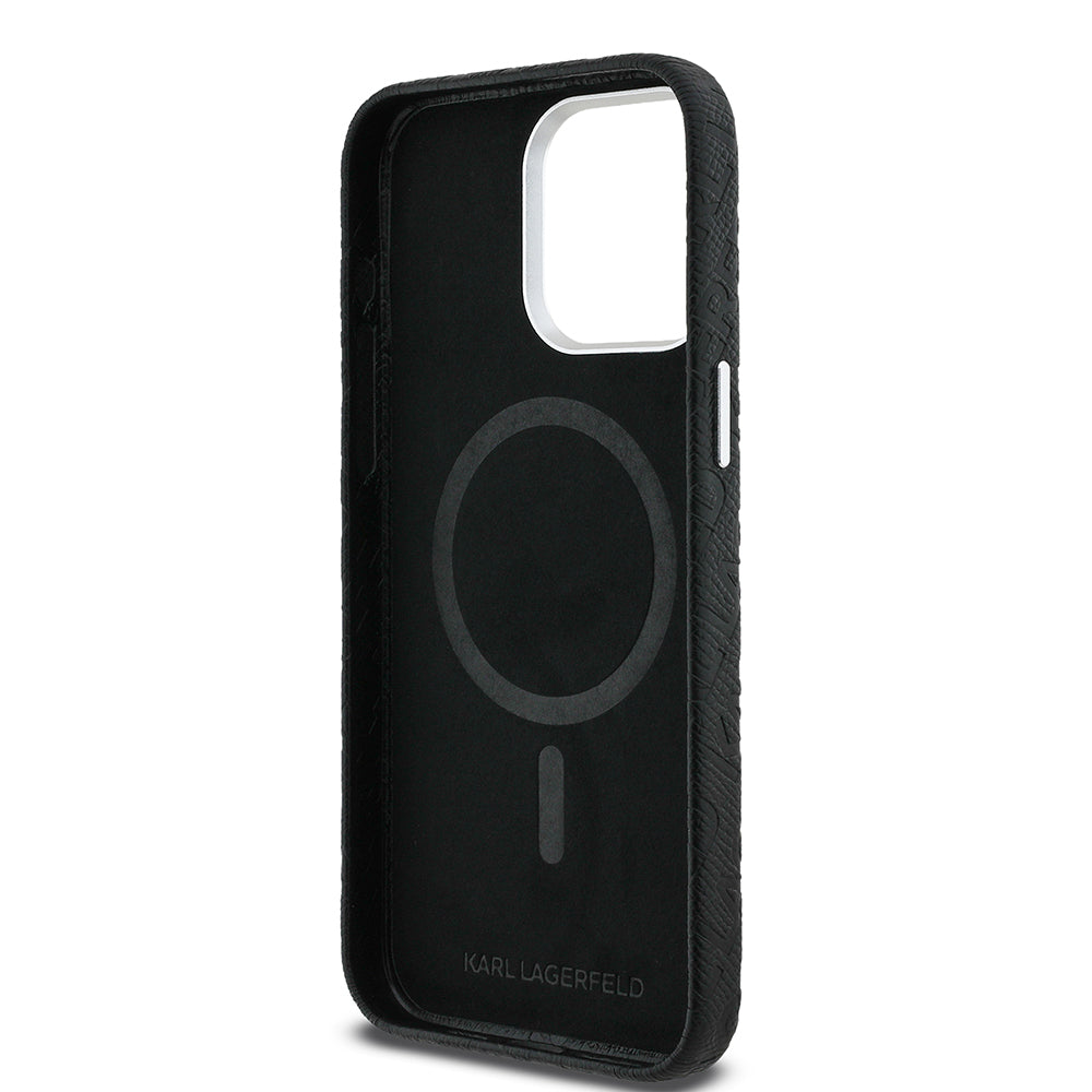 Apple iPhone 15 Pro Max Case Karl Lagerfeld Original Licensed PU Leather Stamped Metal Lettering Logo Cover Black