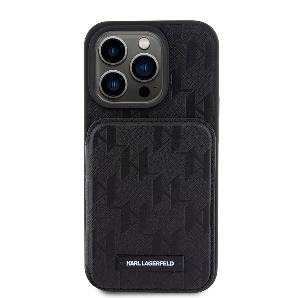 Apple iPhone 15 Pro Max Kılıf Karl Lagerfeld Standlı Kartlıklı Saffiano Monogram Metal Logo Orjinal Lisanslı Kapak Siyah